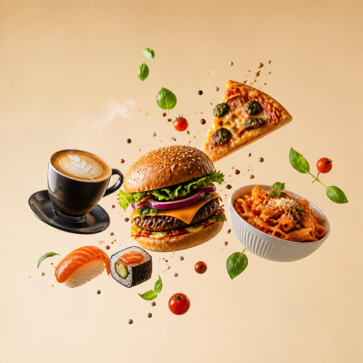 Floating composition of burger, pizza slice, sushi, pasta and coffee with fresh herbs